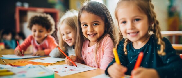 un gruppo di bambini seduti a un tavolo con le matite