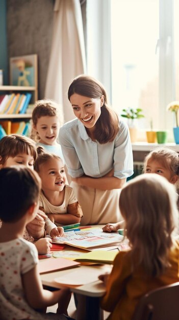 un gruppo di bambini seduti attorno a un insegnante in una classe