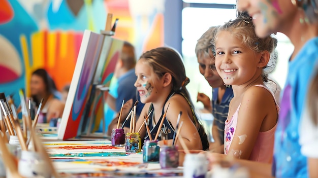 Un gruppo di bambini sta dipingendo in una lezione di arte. Tutti indossano camicie e usano colori diversi di vernice.