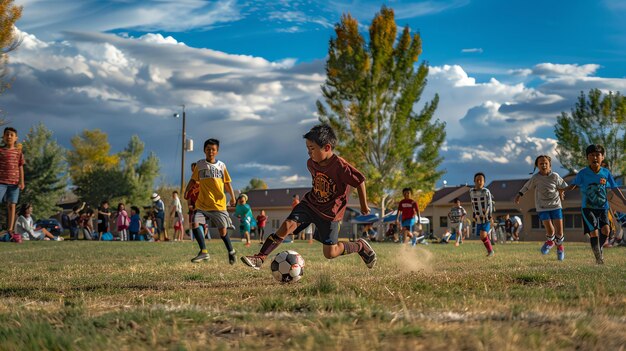 Un gruppo di bambini sta giocando a calcio su un campo. I bambini indossano tutte camicie di colori diversi.