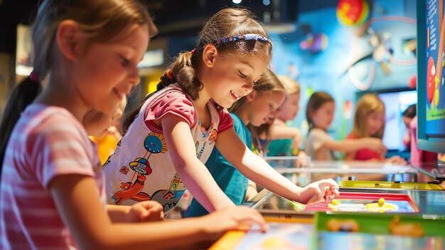 Un gruppo di bambini sta giocando con mostre interattive in un museo scientifico. Sono tutti sorridenti e si divertono.