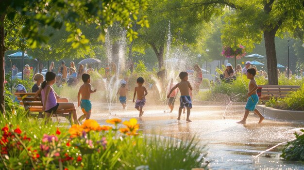 Un gruppo di bambini sta giocando in una fontana in un parco AIG41