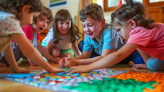 Un gruppo di bambini sta giocando sul pavimento con un puzzle colorato. Sono tutti sorridenti e si divertono.