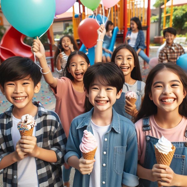 un gruppo di bambini stanno sorridendo e tenendo un cono di gelato