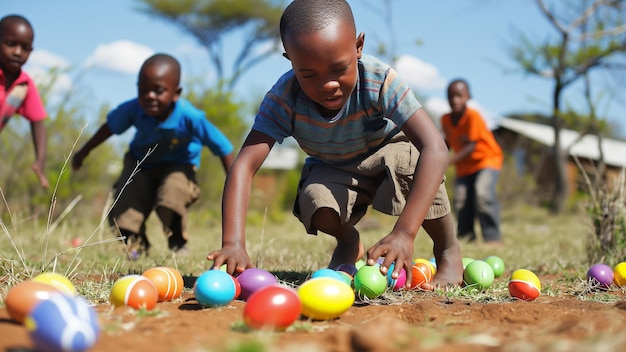 un gruppo di bambini sudafricani alla ricerca di uova di Pasqua nell'erba e nella sabbia