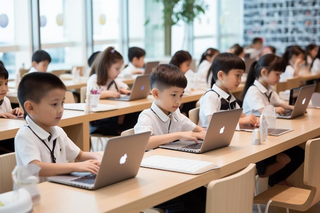 Un gruppo di bambini usa i computer portatili in una classe.