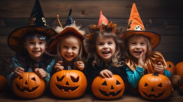 Un gruppo di bambini vestiti con costumi di halloween generativi ai