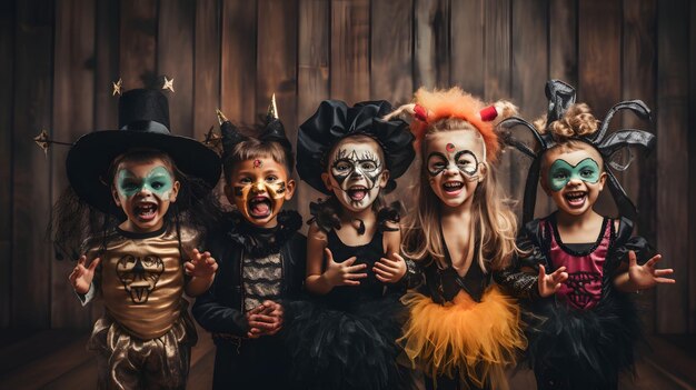 Un gruppo di bambini vestiti con costumi di halloween generativi ai