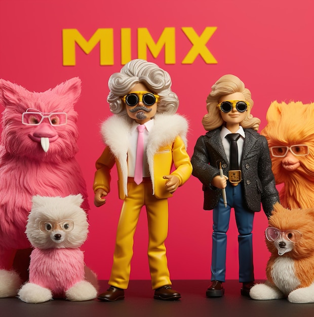 Un gruppo di bambole con gli occhiali e un cane davanti a loro.