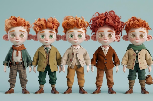 Un gruppo di bambole dai capelli rossi in piedi insieme