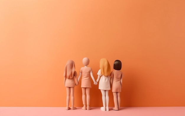 Un gruppo di bambole si trova davanti a un muro arancione.