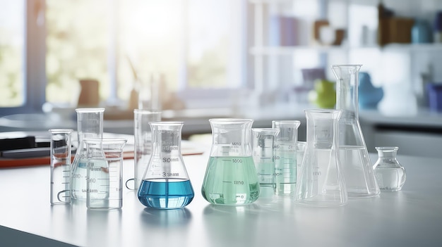 Un gruppo di bicchieri da laboratorio sono posizionati su un tavolo
