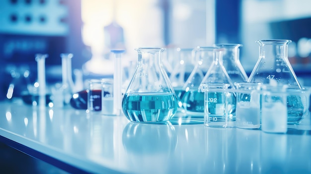 Un gruppo di bicchieri da laboratorio sono posizionati su un tavolo