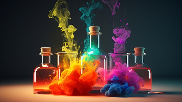 Un gruppo di bottiglie colorate con del liquido al loro interno e del fumo che ne esce.