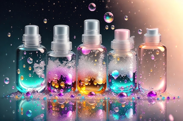 Un gruppo di bottiglie di sapone liquido con colori diversi