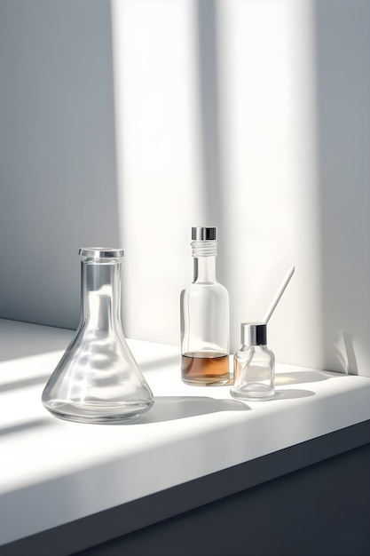 Un gruppo di bottiglie di vetro su una superficie bianca