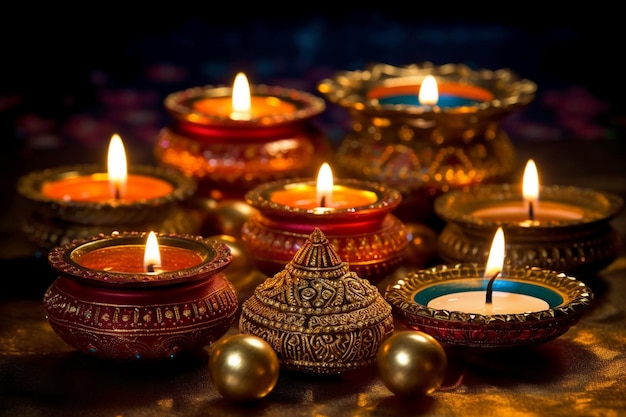 Un gruppo di candele con la scritta "diwali" sul fondo.