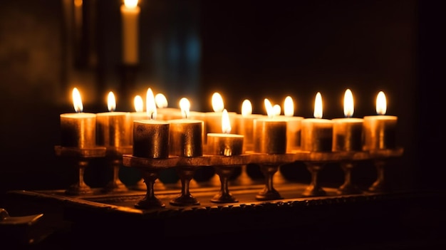 Un gruppo di candele è acceso in una stanza buia.
