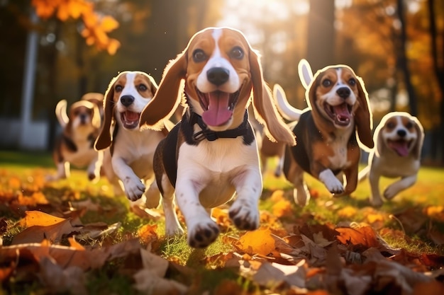 Un gruppo di cani beagle carini e divertenti che corrono e giocano.