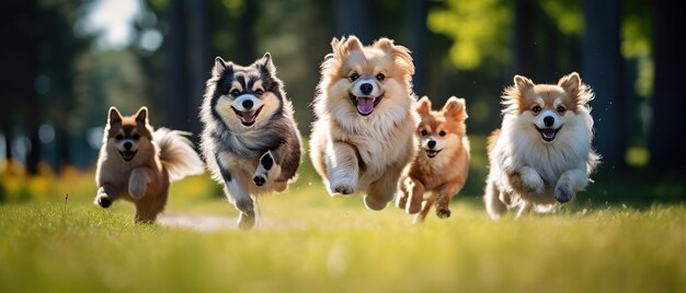 Un gruppo di cani carini e divertenti che corrono e giocano sull'erba verde nel parco.