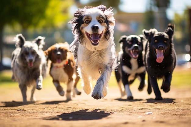 Un gruppo di cani che corrono in fila con uno che è l'altro