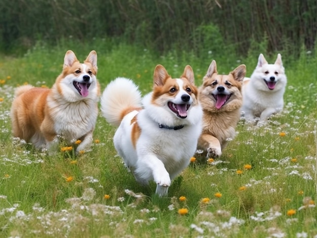 Un gruppo di cani che corrono in un campo