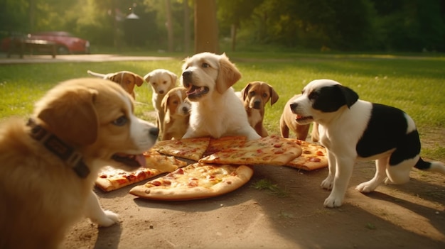 Un gruppo di cani che mangiano pizza in un parco