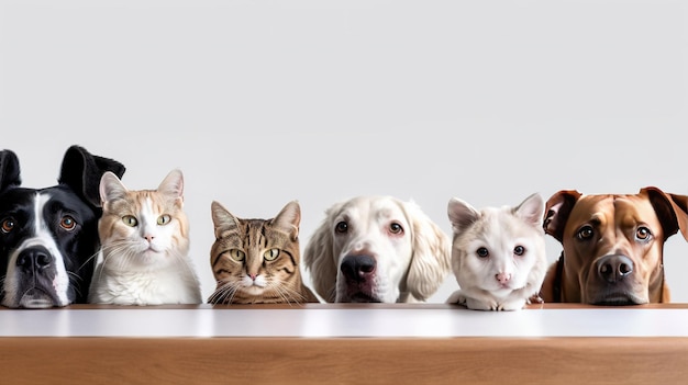 Un gruppo di cani e gatti si siede in fila.