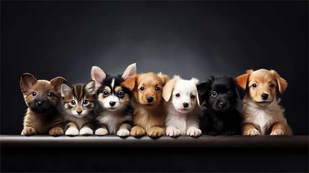 Un gruppo di cani e gattini su sfondo nero.