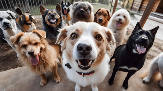 Un gruppo di cani è riunito in un cortile.