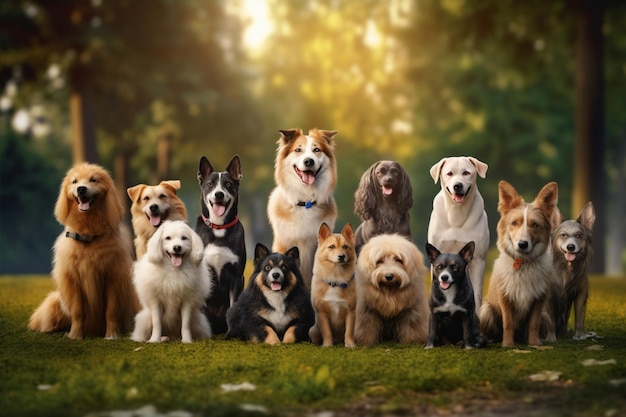 Un gruppo di cani è seduto insieme in un parco.