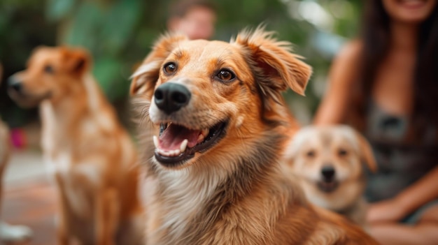 Un gruppo di cani seduti in fila con persone intorno a loro ai