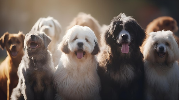 Un gruppo di cani si siede in fila