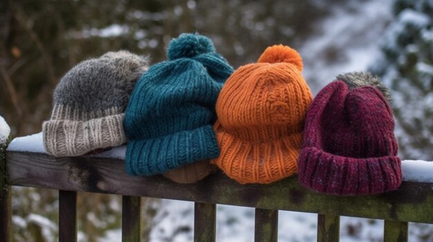 Un gruppo di cappelli è su un recinto nella neve.