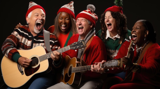 Un gruppo di carolers che canta canzoni natalizie