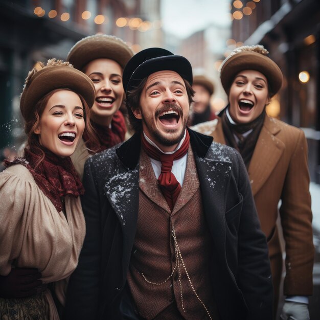 Un gruppo di carolers vestiti con abiti vittoriani cantano su una strada innevata