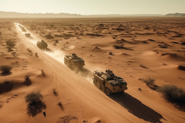 Un gruppo di carri armati sta attraversando il deserto.