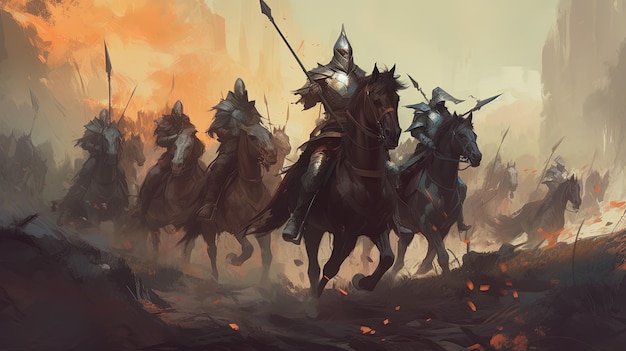 Un gruppo di cavalieri a cavallo che si caricano in battaglia Concetto di fantasia Illustrazione pittura IA generativa