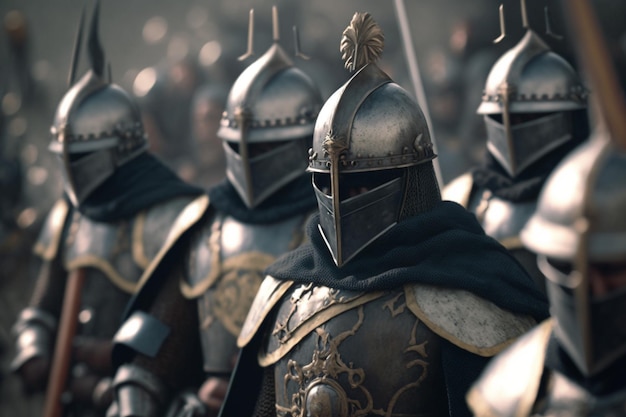 Un gruppo di cavalieri è allineato in fila con uno di loro che indossa un mantello nero.