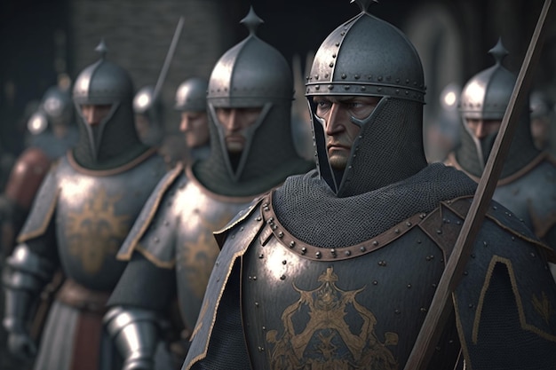 Un gruppo di cavalieri in armatura con la parola fuoco sul davanti.