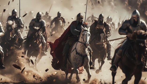 Un gruppo di cavalieri stanno cavalcando e combattendo in una battaglia