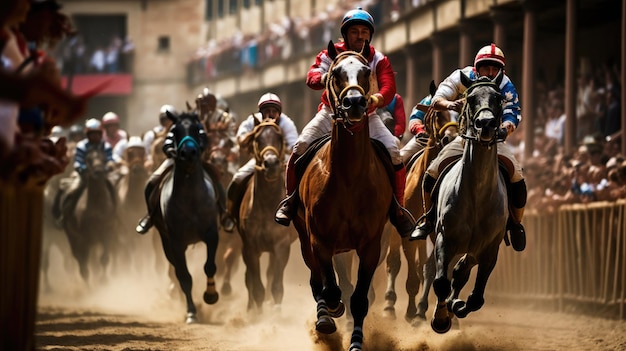 un gruppo di cavalli con i cavalieri sulla schiena stanno correndo.