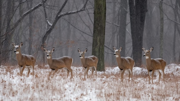 Un gruppo di cervi in un bosco innevato