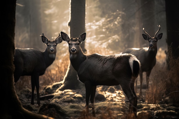Un gruppo di cervi in una foresta con il sole che splende sullo sfondo