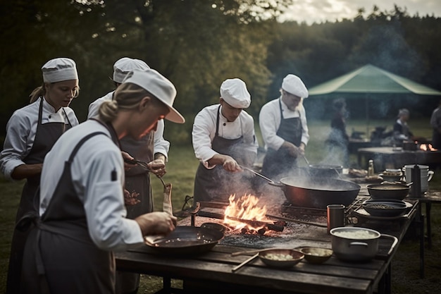 Un gruppo di chef che cucinano a un falò