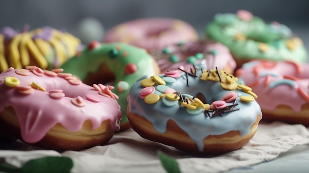 Un gruppo di ciambelle con glassa di colore diverso e spruzza su di loro.