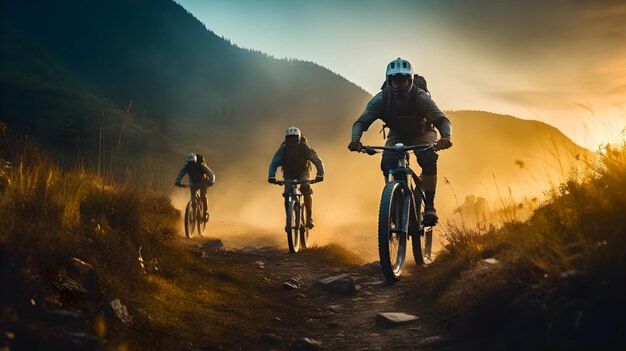 Un gruppo di ciclisti che indossavano attrezzature di protezione stavano guidando le loro mountain bike nella stessa direzione