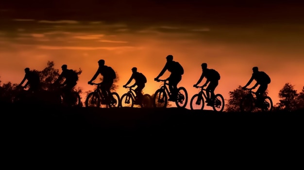 Un gruppo di ciclisti si staglia contro un tramonto.