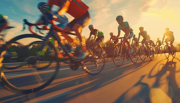 un gruppo di ciclisti sta correndo lungo una strada uno dei quali indossa una maglietta che dice ciclista