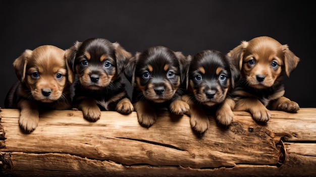 Un gruppo di cinque adorabili cuccioli seduti su un tronco